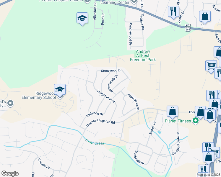 map of restaurants, bars, coffee shops, grocery stores, and more near 3352 Stone Bend Drive in Winterville