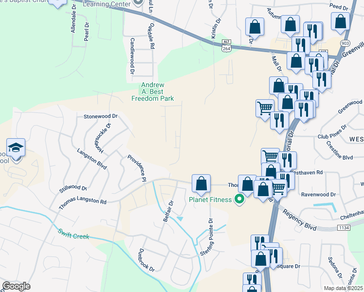 map of restaurants, bars, coffee shops, grocery stores, and more near 3505 Sedge Drive in Greenville