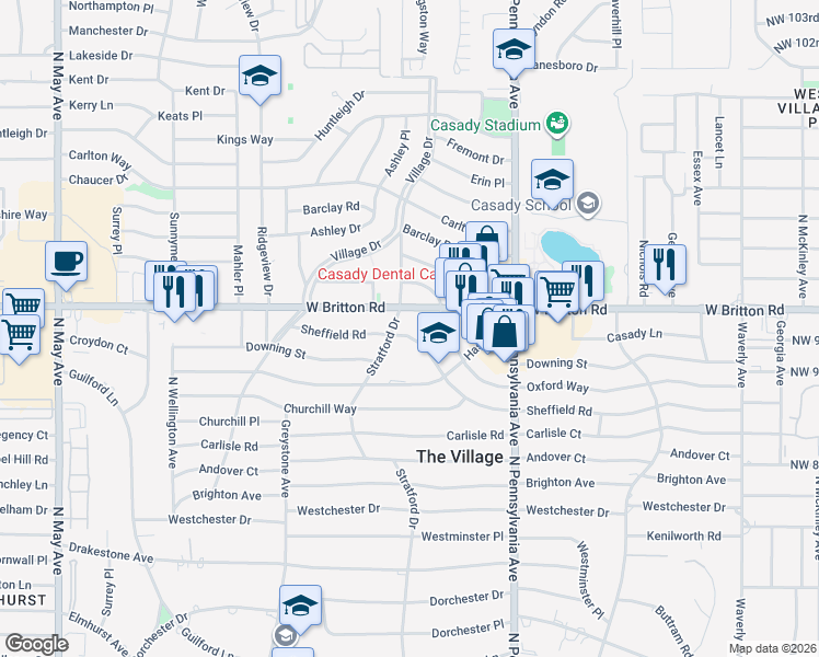 map of restaurants, bars, coffee shops, grocery stores, and more near 1829 Sheffield Road in The Village