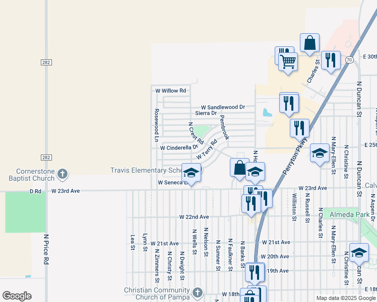 map of restaurants, bars, coffee shops, grocery stores, and more near 1101 West Cinderella Drive in Pampa