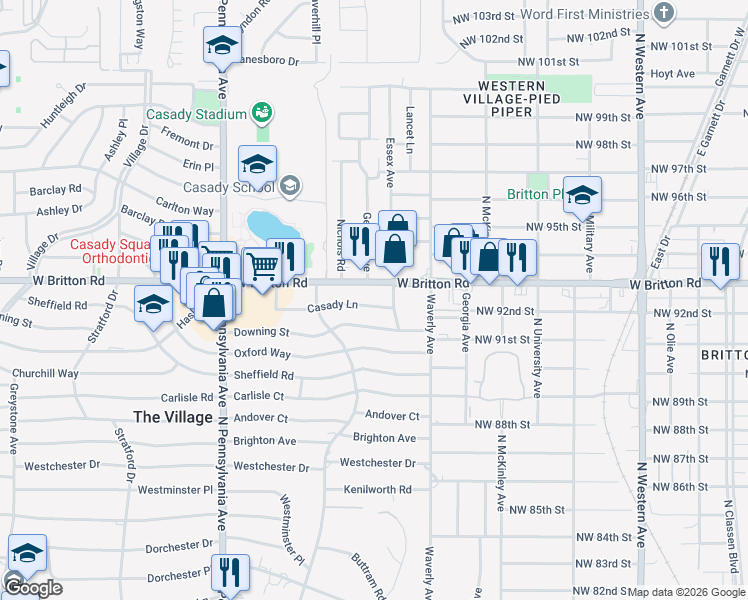 map of restaurants, bars, coffee shops, grocery stores, and more near 1407 Casady Lane in The Village