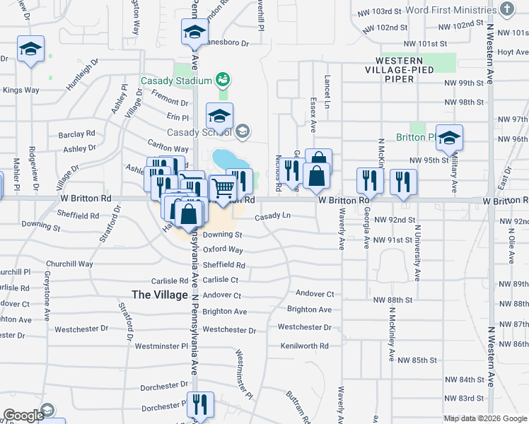 map of restaurants, bars, coffee shops, grocery stores, and more near 1429 Casady Lane in The Village