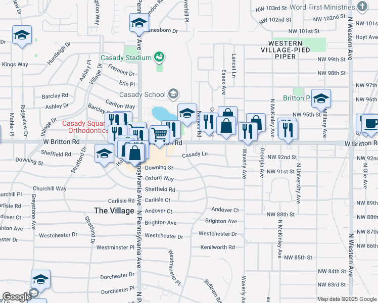 map of restaurants, bars, coffee shops, grocery stores, and more near 1429 Casady Lane in The Village