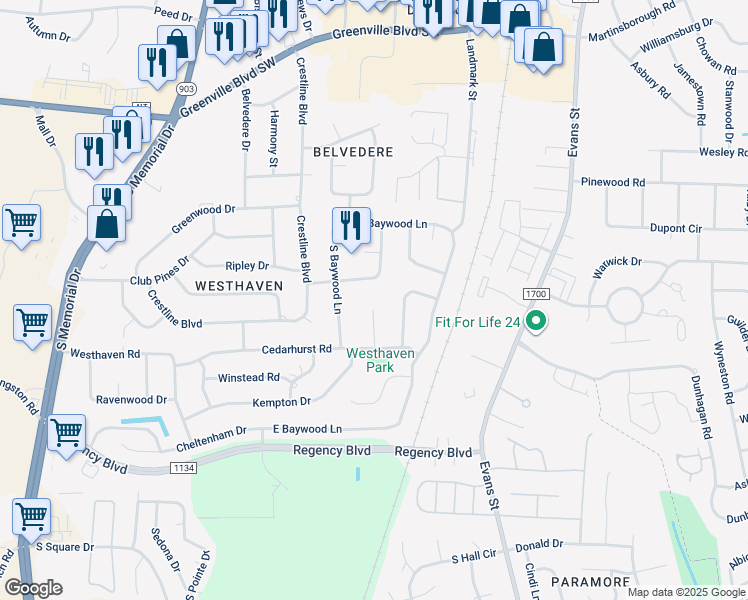 map of restaurants, bars, coffee shops, grocery stores, and more near 200 Bristol Court in Greenville