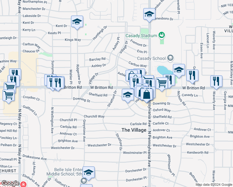 map of restaurants, bars, coffee shops, grocery stores, and more near 1829 Sheffield Road in The Village