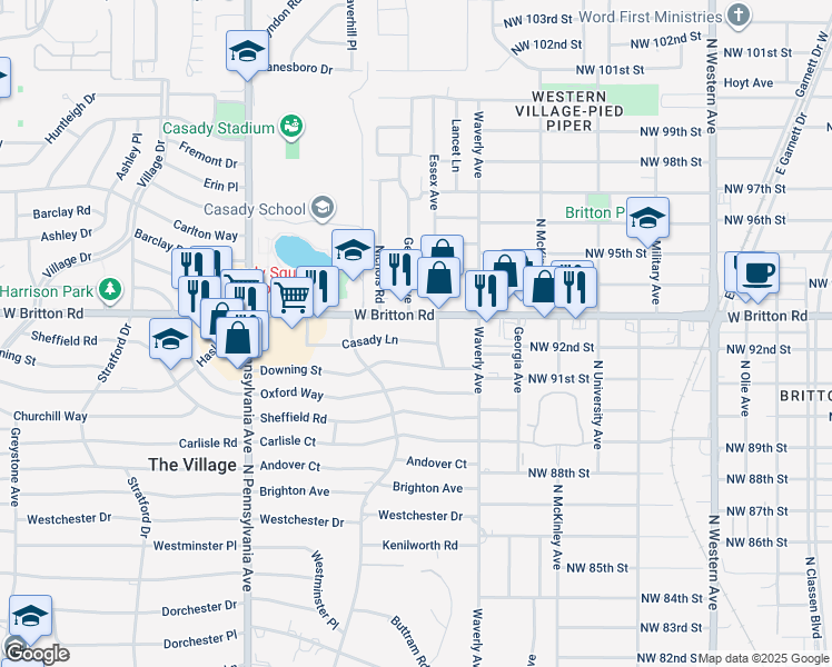 map of restaurants, bars, coffee shops, grocery stores, and more near 1407 Casady Lane in The Village