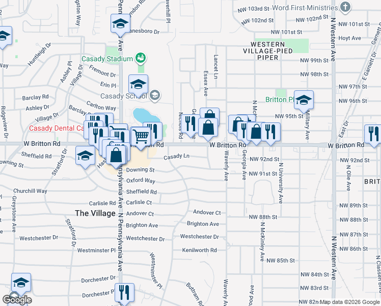 map of restaurants, bars, coffee shops, grocery stores, and more near 1413 Casady Lane in The Village