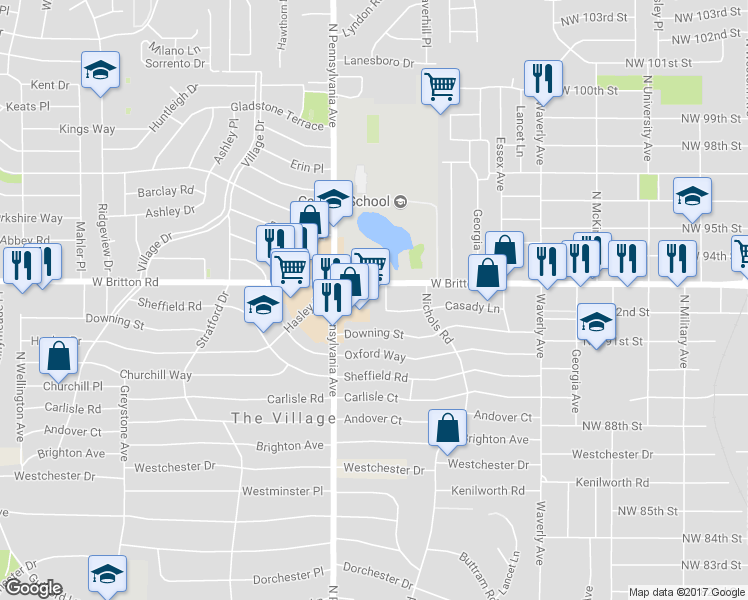 map of restaurants, bars, coffee shops, grocery stores, and more near 9320 North Pennsylvania Avenue in The Village