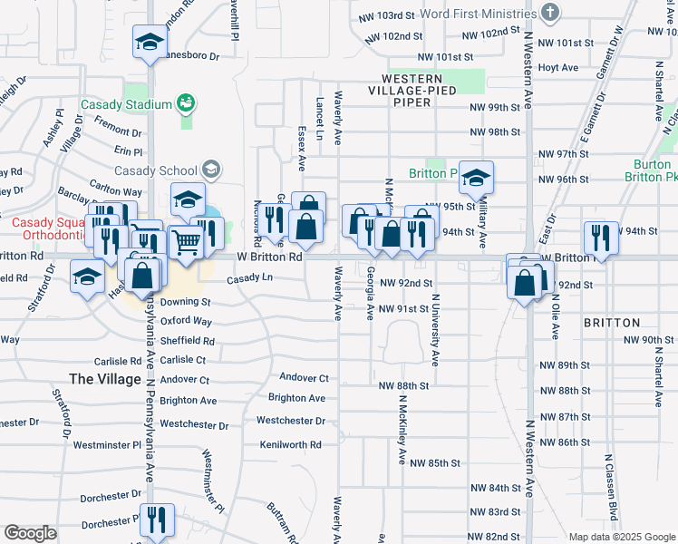 map of restaurants, bars, coffee shops, grocery stores, and more near Waverly Avenue in The Village