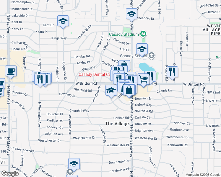 map of restaurants, bars, coffee shops, grocery stores, and more near 1816 Oxford Way in The Village