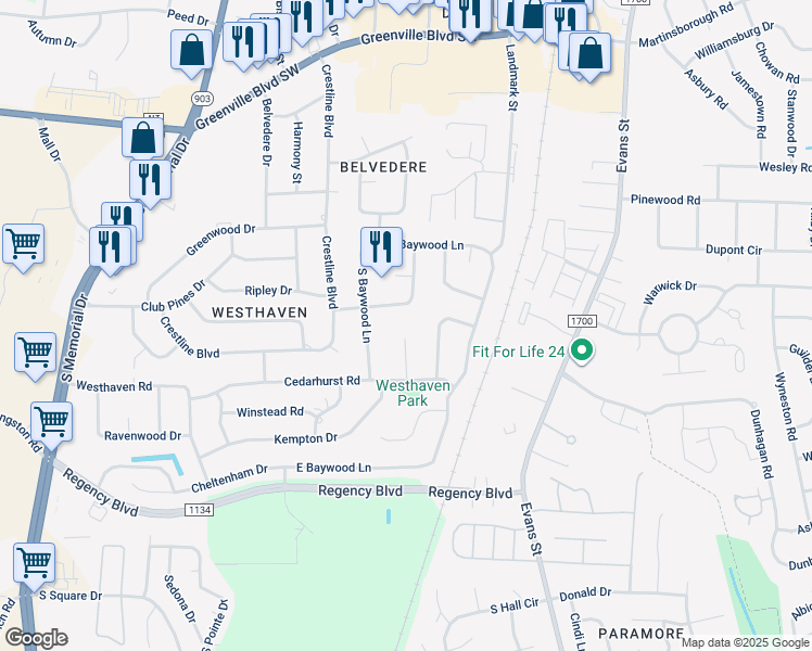 map of restaurants, bars, coffee shops, grocery stores, and more near 200 Bristol Court in Greenville