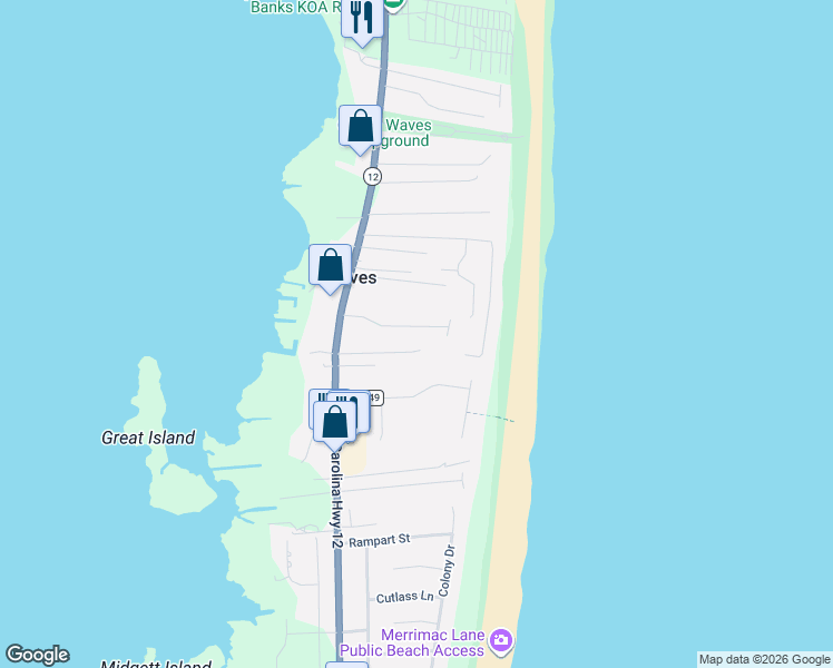 map of restaurants, bars, coffee shops, grocery stores, and more near 25228 Laughing Gull Lane in Dare County
