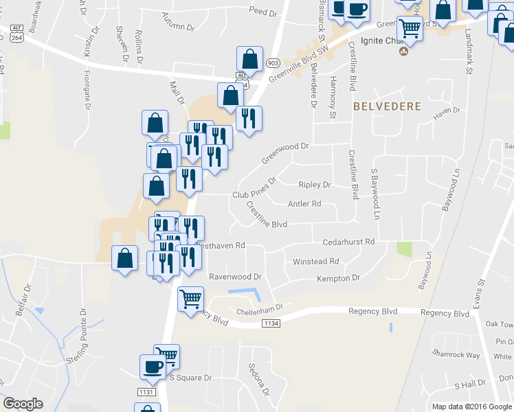 map of restaurants, bars, coffee shops, grocery stores, and more near 540 Crestline Boulevard in Greenville