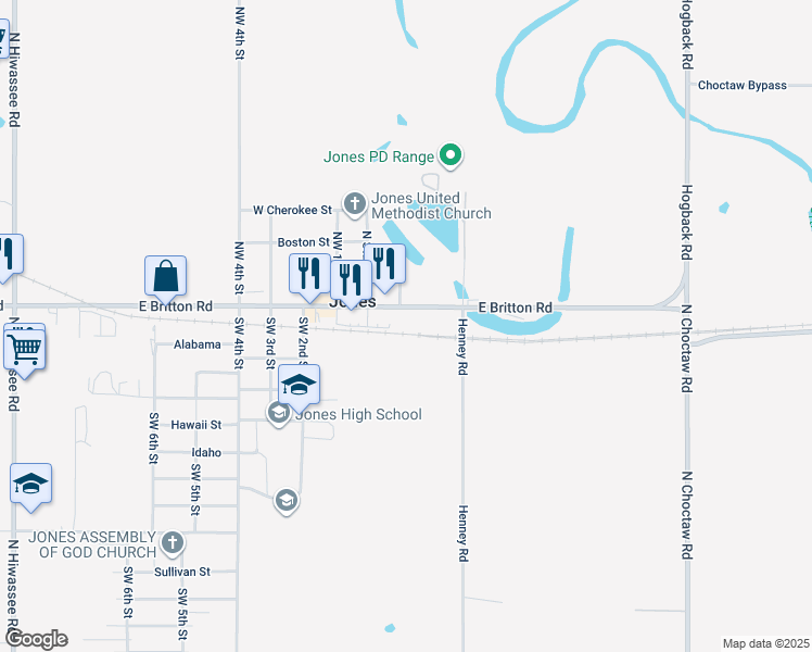 map of restaurants, bars, coffee shops, grocery stores, and more near 126 East Main Street in Jones
