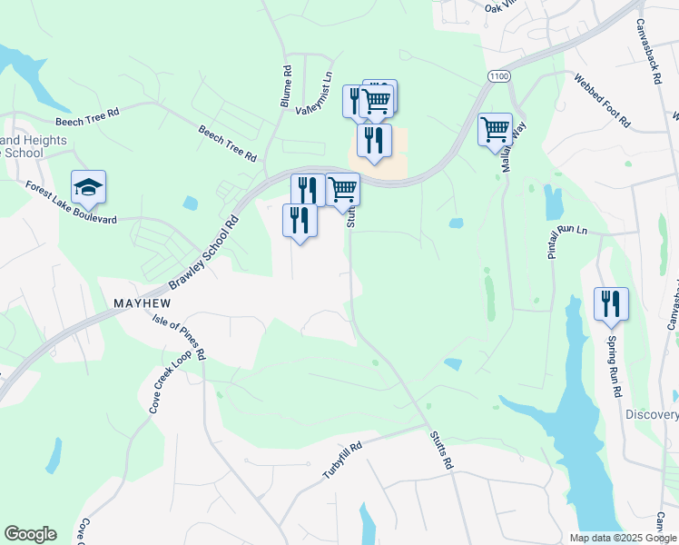 map of restaurants, bars, coffee shops, grocery stores, and more near 164 Stutts Road in Mooresville