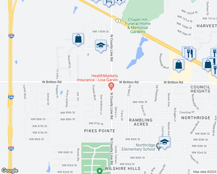 map of restaurants, bars, coffee shops, grocery stores, and more near 9213 Dena Lane in Oklahoma City
