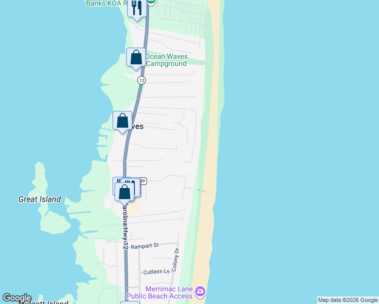 map of restaurants, bars, coffee shops, grocery stores, and more near 25300 Sea Isle Hills Drive in Waves