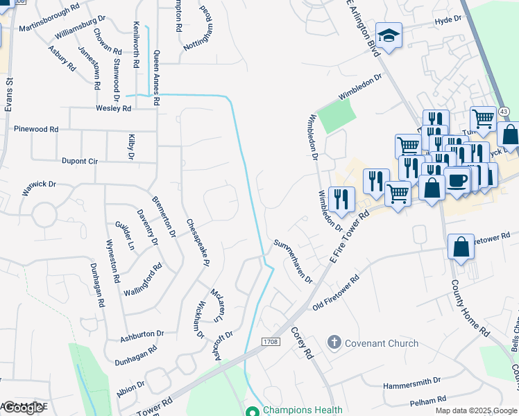 map of restaurants, bars, coffee shops, grocery stores, and more near 1206 Holden Drive in Greenville