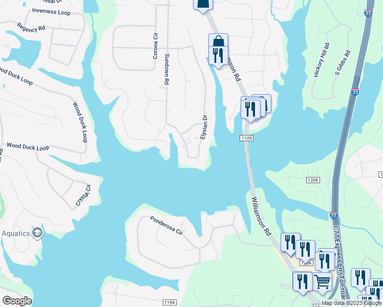 map of restaurants, bars, coffee shops, grocery stores, and more near 149 Elysian Drive in Mooresville