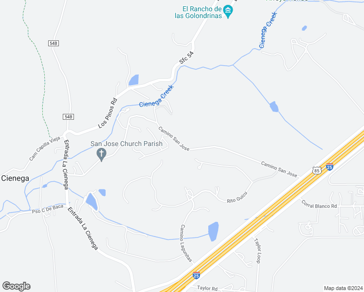 map of restaurants, bars, coffee shops, grocery stores, and more near Camino San Jose in Santa Fe
