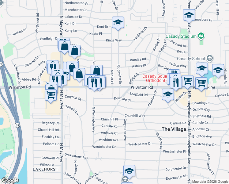 map of restaurants, bars, coffee shops, grocery stores, and more near 9309 Mahler Place in The Village