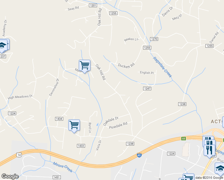 map of restaurants, bars, coffee shops, grocery stores, and more near 119 Oak Hill Road in Candler