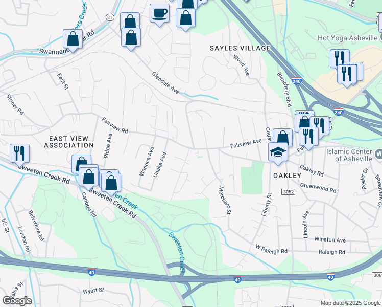 map of restaurants, bars, coffee shops, grocery stores, and more near 10 Shannon Drive in Asheville