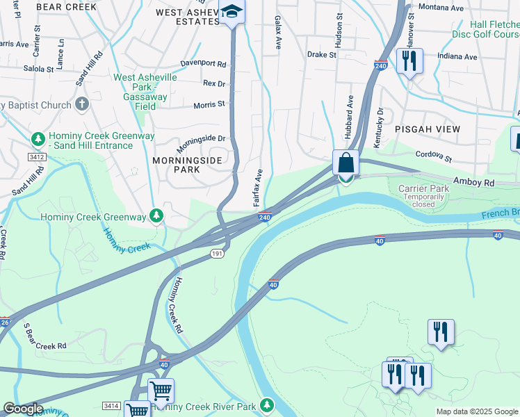 map of restaurants, bars, coffee shops, grocery stores, and more near 335 Fairfax Avenue in Asheville