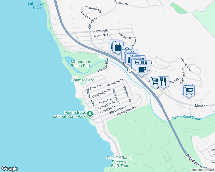 map of restaurants, bars, coffee shops, grocery stores, and more near Plymouth Street in Cambria