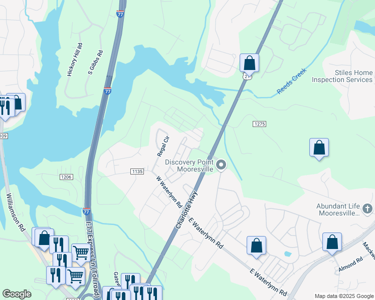 map of restaurants, bars, coffee shops, grocery stores, and more near 105 Plantation Creek Drive in Mooresville