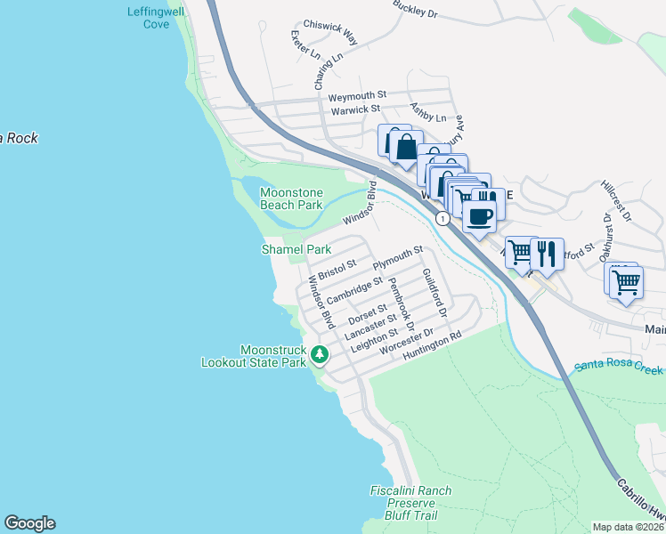 map of restaurants, bars, coffee shops, grocery stores, and more near 365 Bristol Street in Cambria