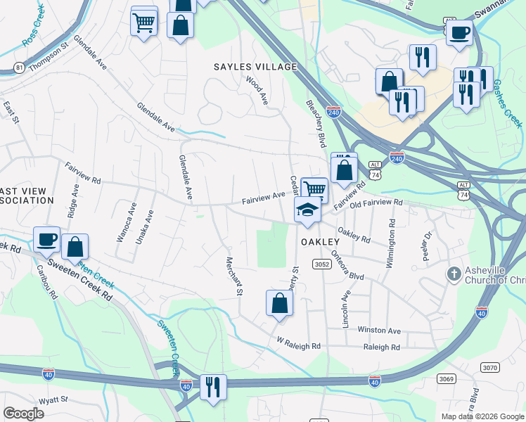 map of restaurants, bars, coffee shops, grocery stores, and more near 708 Fairview Road in Asheville
