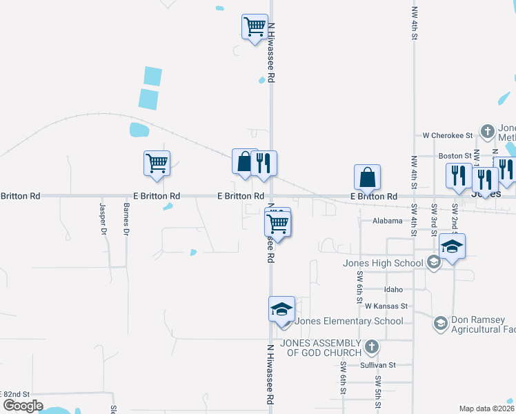 map of restaurants, bars, coffee shops, grocery stores, and more near 12950 East 101 Britton Road in Jones