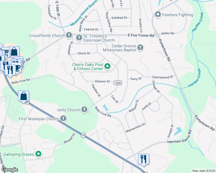 map of restaurants, bars, coffee shops, grocery stores, and more near 106 Joseph Place in Greenville