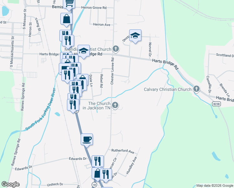 map of restaurants, bars, coffee shops, grocery stores, and more near 448 Chester Levee Road in Jackson