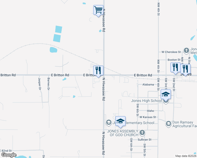 map of restaurants, bars, coffee shops, grocery stores, and more near 12950 East 101 Britton Road in Jones