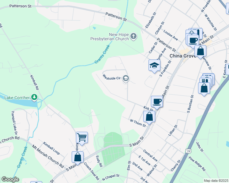 map of restaurants, bars, coffee shops, grocery stores, and more near 522 Kirk Street in China Grove