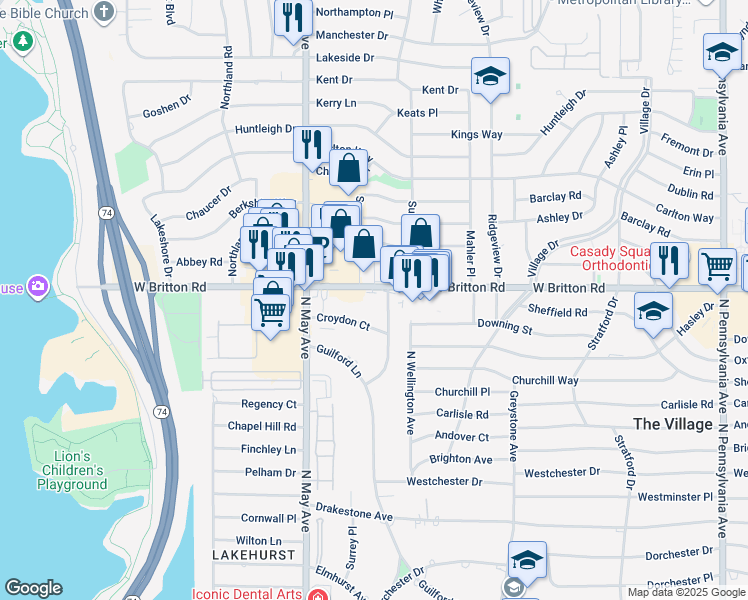 map of restaurants, bars, coffee shops, grocery stores, and more near 2802 West Britton Road in Oklahoma City