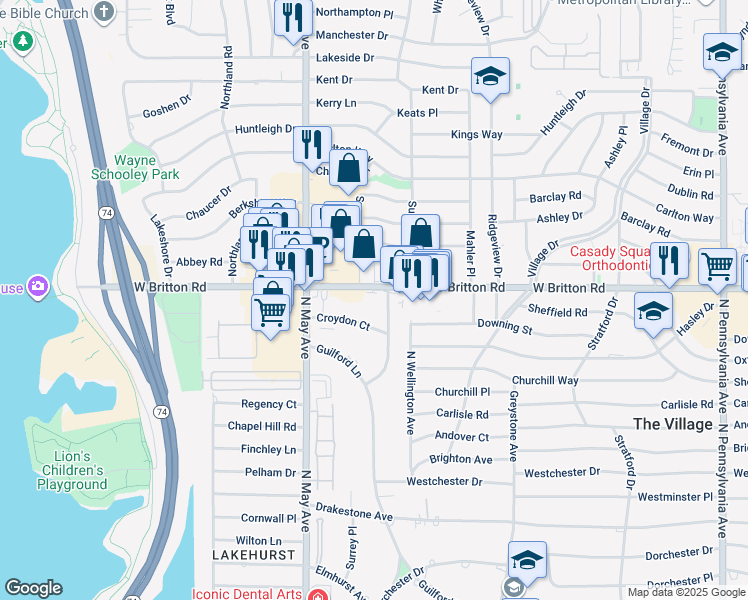 map of restaurants, bars, coffee shops, grocery stores, and more near 2802 West Britton Road in Oklahoma City