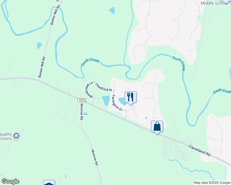 map of restaurants, bars, coffee shops, grocery stores, and more near 210 Farrington Drive in Clayton