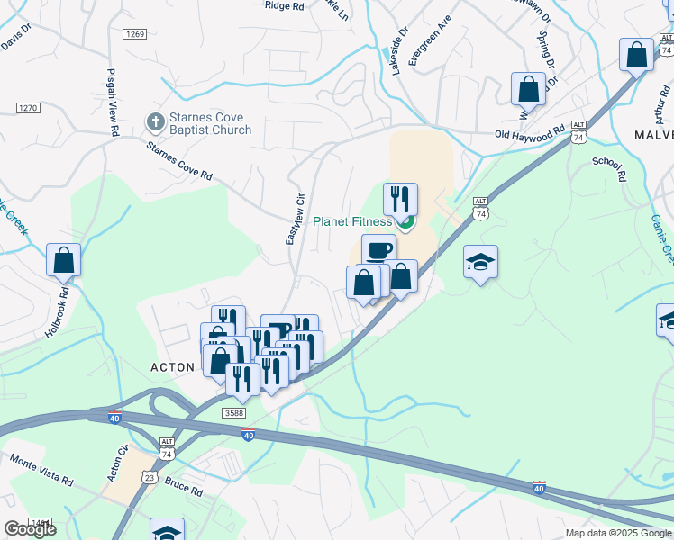 map of restaurants, bars, coffee shops, grocery stores, and more near 1895 Old Haywood Road in Asheville
