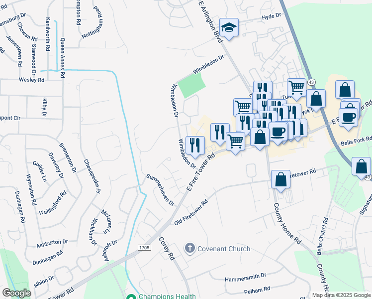 map of restaurants, bars, coffee shops, grocery stores, and more near 1510 Wimbledon Drive in Greenville