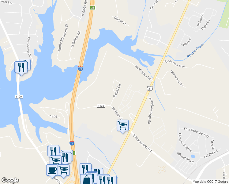 map of restaurants, bars, coffee shops, grocery stores, and more near Regal Circle in Mooresville