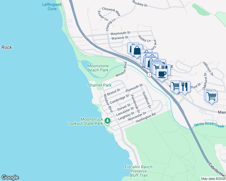 map of restaurants, bars, coffee shops, grocery stores, and more near 373 Bristol Street in Cambria