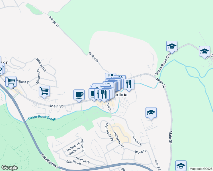 map of restaurants, bars, coffee shops, grocery stores, and more near 4275 Wall Street in Cambria