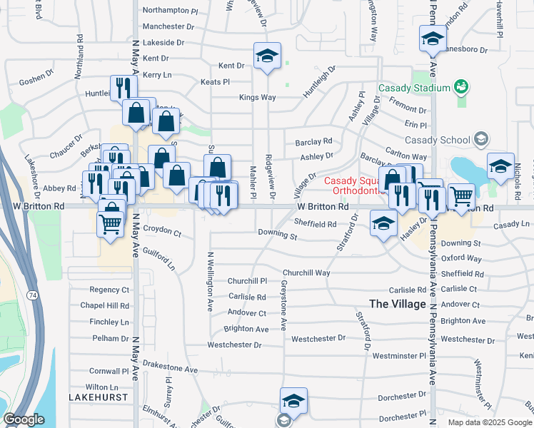 map of restaurants, bars, coffee shops, grocery stores, and more near 9309 Mahler Place in The Village