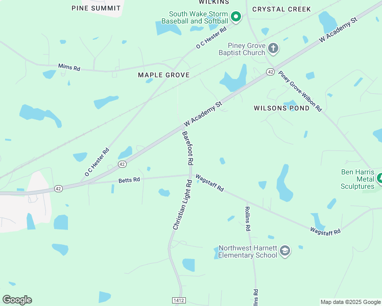 map of restaurants, bars, coffee shops, grocery stores, and more near 7828 Barefoot Road in Fuquay Varina