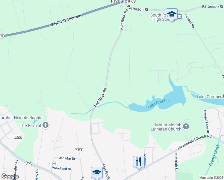 map of restaurants, bars, coffee shops, grocery stores, and more near 1720 Flat Rock Road in China Grove