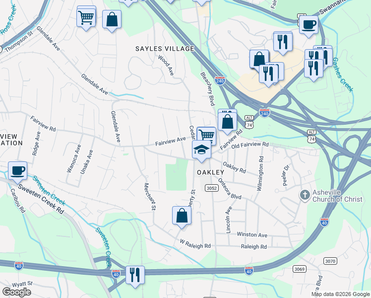 map of restaurants, bars, coffee shops, grocery stores, and more near 744 Fairview Road in Asheville