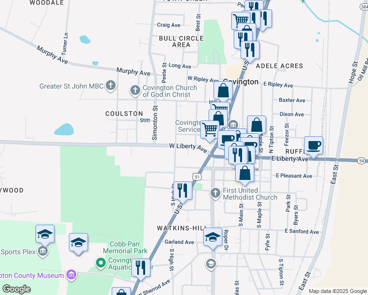 map of restaurants, bars, coffee shops, grocery stores, and more near 114 South High Street in Covington